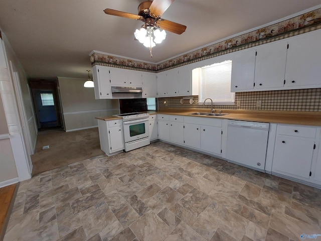 kitchen with white cabinetry, sink, backsplash, ceiling fan, and white appliances