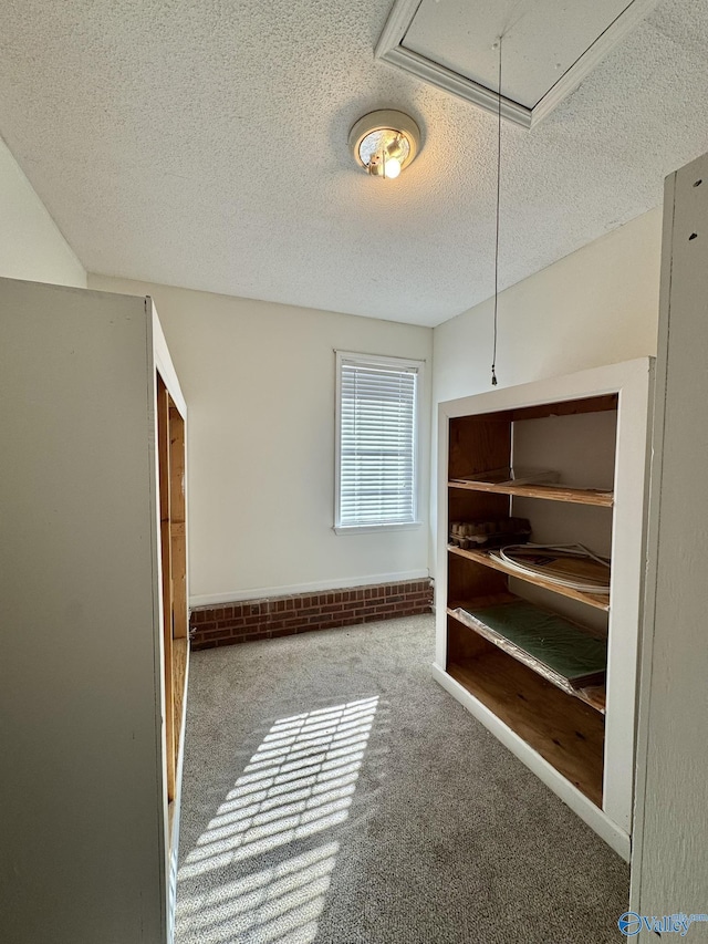 unfurnished bedroom with a textured ceiling and carpet flooring