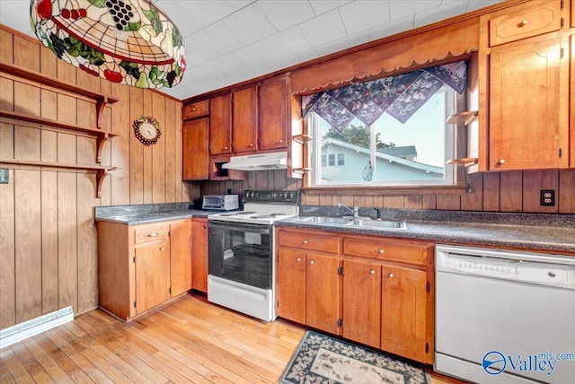 104 Myrtle Pl, Stevenson, AL 35772 - kitchen with white appliances, open shelves, wood walls, light wood-style flooring, and under cabinet range hood