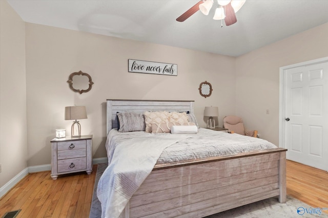 bedroom featuring ceiling fan and light wood-type flooring