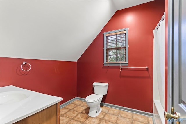 full bathroom featuring vanity, shower / tub combo, lofted ceiling, and toilet