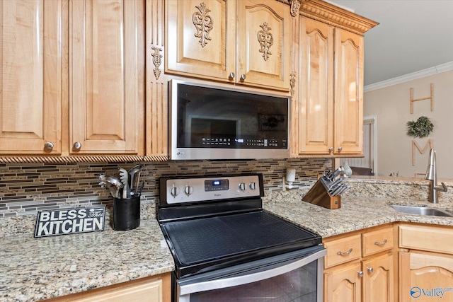 kitchen with sink, light brown cabinets, ornamental molding, stainless steel appliances, and decorative backsplash