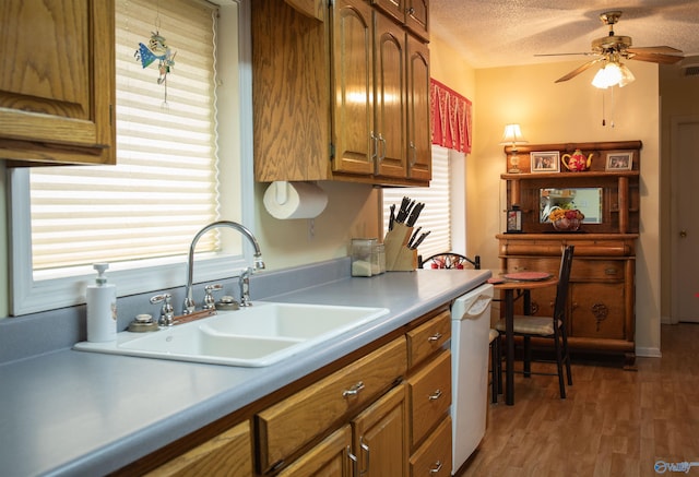 kitchen with white dishwasher, sink, ceiling fan, a textured ceiling, and wood-type flooring