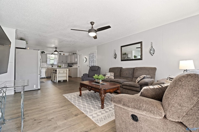 living room featuring light wood-type flooring, a textured ceiling, ceiling fan, and sink