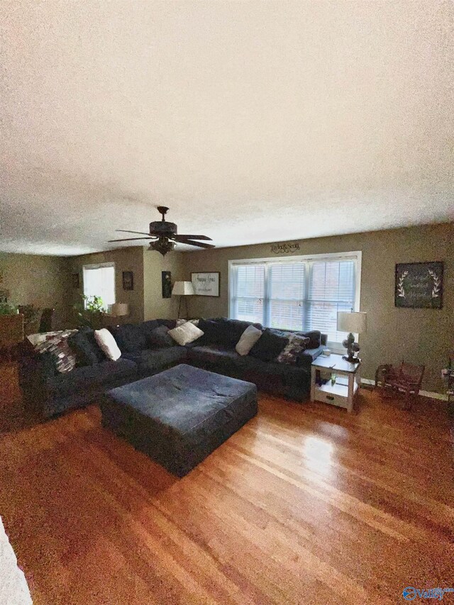 living room with ceiling fan, a textured ceiling, and wood-type flooring