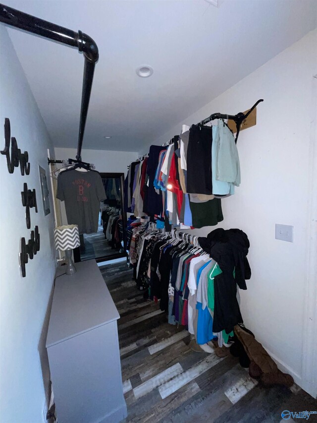 walk in closet with dark hardwood / wood-style flooring