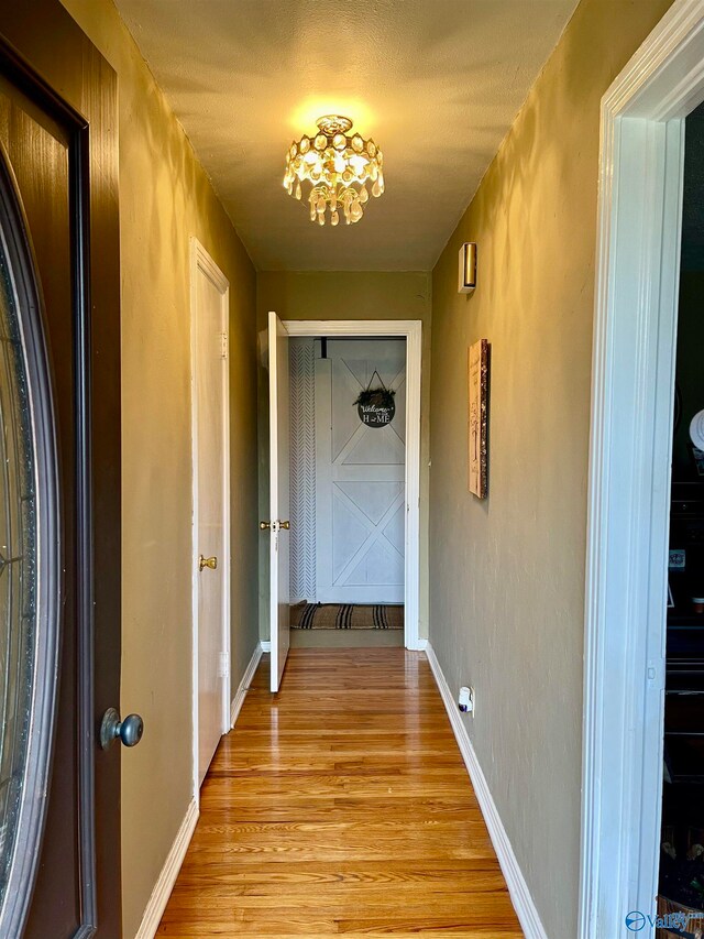 hall featuring light wood-type flooring and a textured ceiling