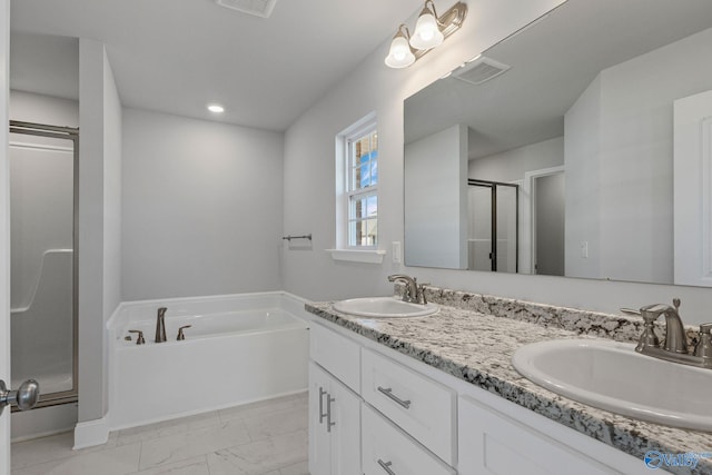 full bath with a garden tub, a sink, visible vents, and a shower stall