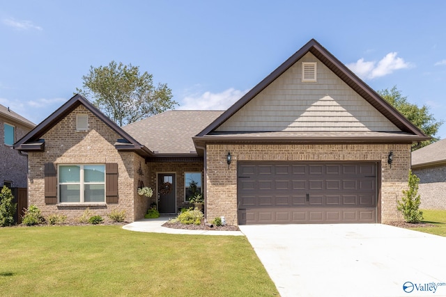 view of front of property featuring a garage and a front lawn