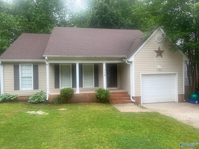 113 Suffolk Dr, Madison, AL 35757 - view of front of house with a garage, driveway, a front yard, roof with shingles, and a porch