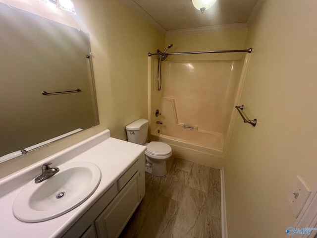 113 Suffolk Dr, Madison, AL 35757 - full bathroom featuring marble look tile flooring, crown molding, vanity, toilet, and bathtub / shower combination