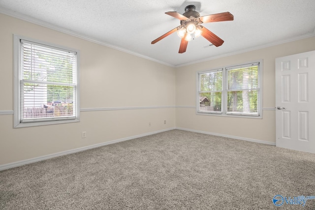 113 Suffolk Dr, Madison, AL 35757 - empty room featuring carpet flooring, a ceiling fan, crown molding, baseboards, and a textured ceiling