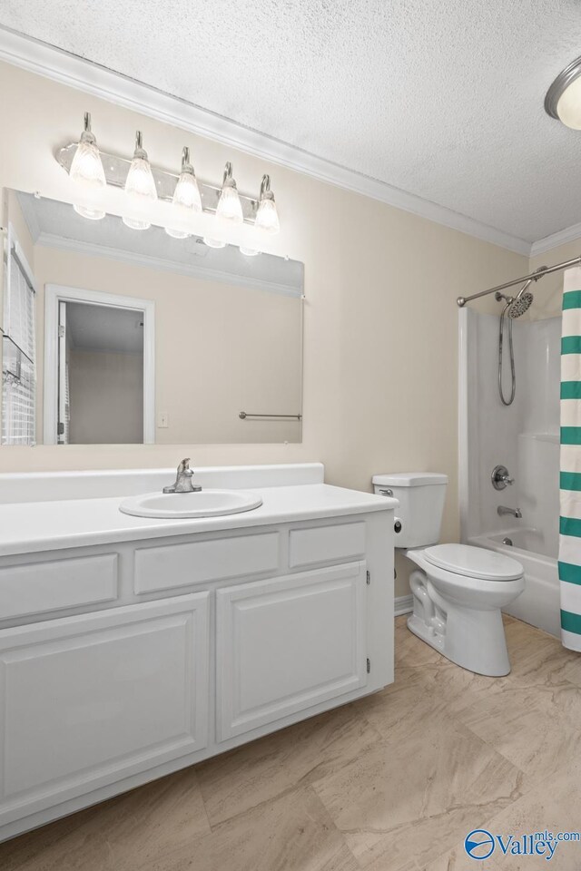113 Suffolk Dr, Madison, AL 35757 - bathroom with ornamental molding, vanity, toilet, a textured ceiling, and shower / tub combo