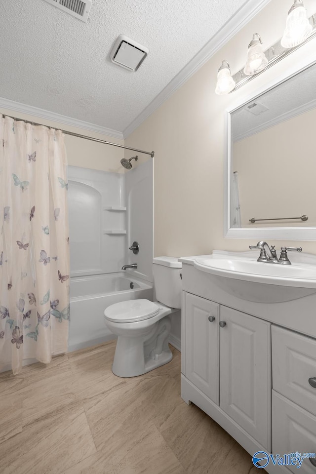 113 Suffolk Dr, Madison, AL 35757 - full bathroom featuring crown molding, a textured ceiling, toilet, shower / tub combo with curtain, and vanity