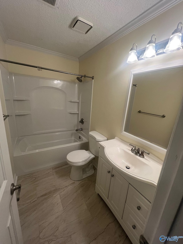 113 Suffolk Dr, Madison, AL 35757 - bathroom featuring ornamental molding, a textured ceiling, toilet, shower / washtub combination, and vanity