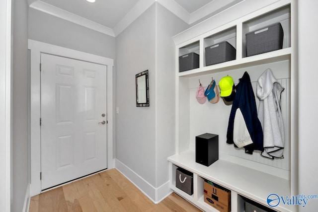 mudroom featuring light hardwood / wood-style flooring and ornamental molding