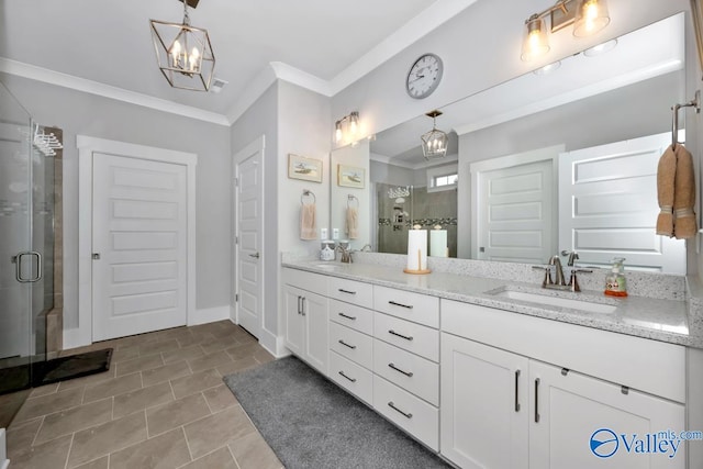 bathroom featuring a notable chandelier, tile patterned floors, crown molding, a shower with door, and vanity