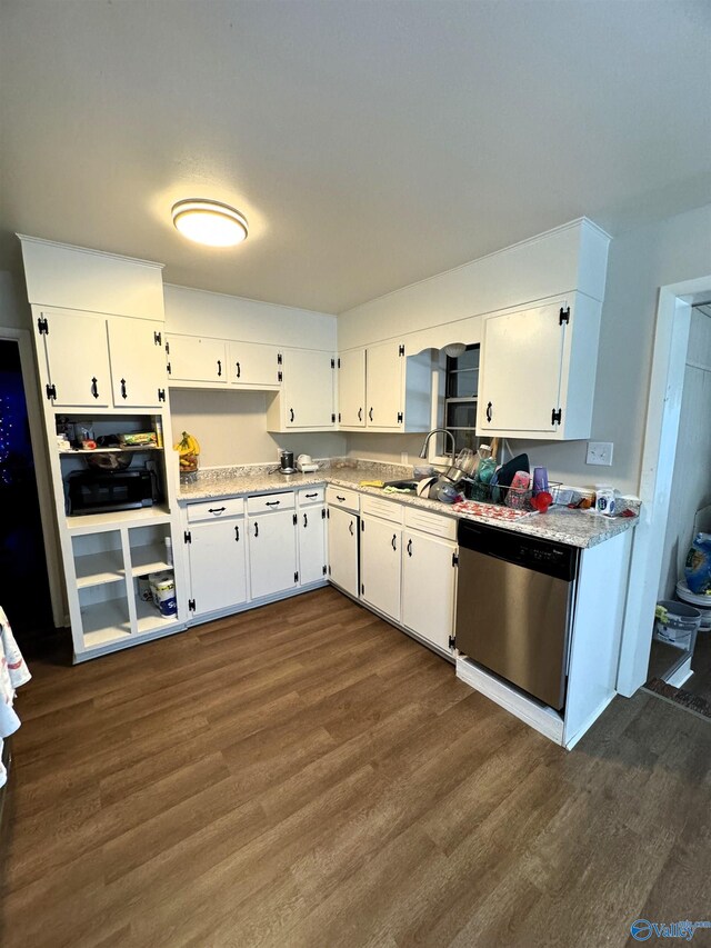 kitchen with sink, dishwasher, white cabinets, and dark hardwood / wood-style floors