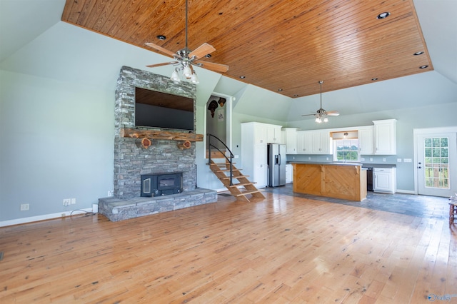 unfurnished living room featuring wood ceiling, ceiling fan, high vaulted ceiling, and light hardwood / wood-style floors