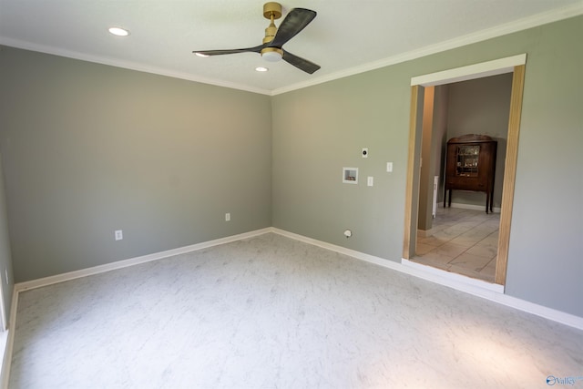 unfurnished room featuring ornamental molding and ceiling fan