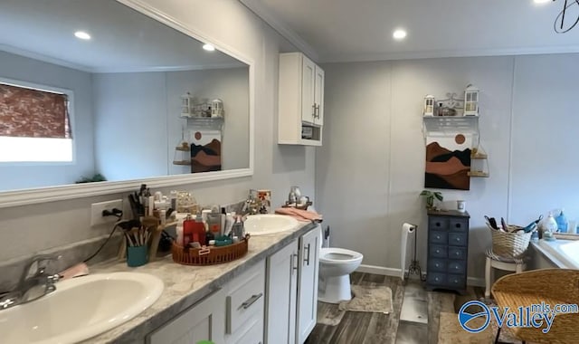 bathroom featuring toilet, vanity, wood-type flooring, and ornamental molding