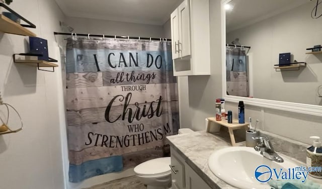 bathroom with vanity, curtained shower, and toilet