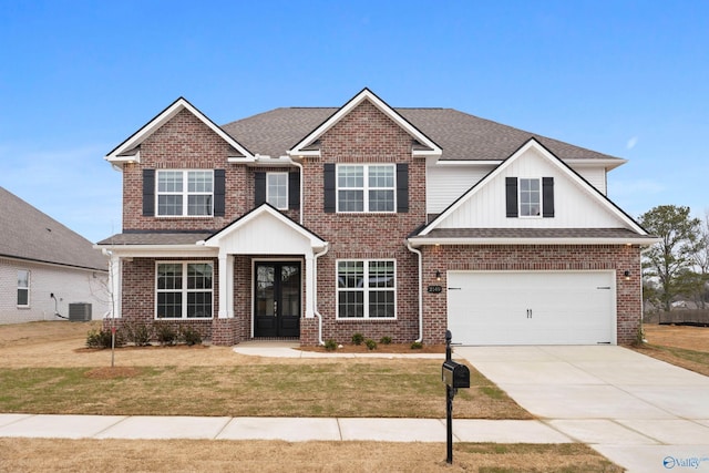 view of front facade featuring cooling unit, brick siding, concrete driveway, french doors, and a front lawn