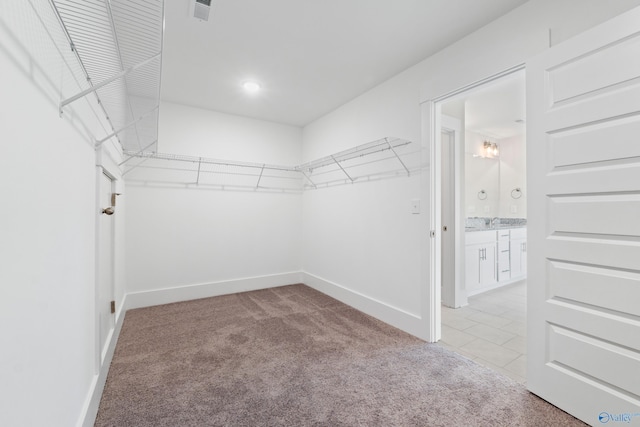 spacious closet featuring light colored carpet and visible vents