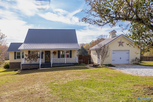 view of front of property with a porch and a front lawn