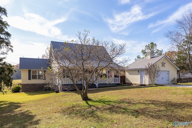 view of front facade with a front lawn, a porch, and a garage