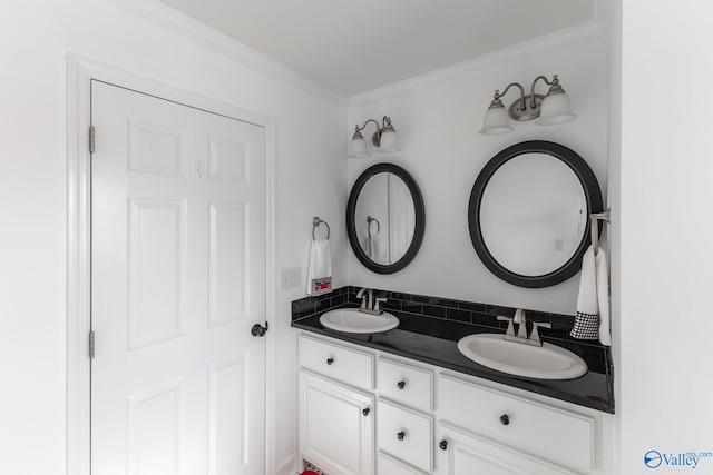 bathroom with vanity and ornamental molding