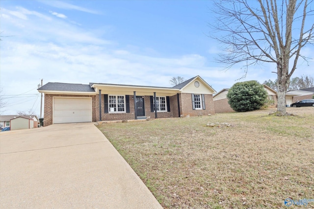 ranch-style house with a front lawn, a porch, and a garage