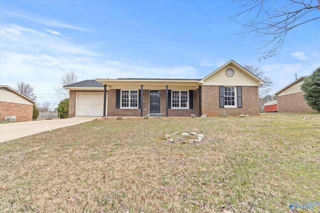 ranch-style house with a front yard and a garage