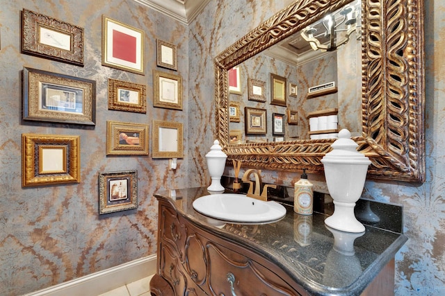 bathroom with vanity, tile patterned floors, and ornamental molding