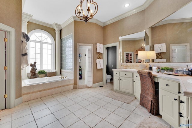 full bathroom featuring toilet, ornate columns, ornamental molding, vanity, and tile patterned flooring