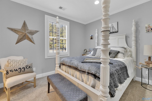 carpeted bedroom featuring ornamental molding