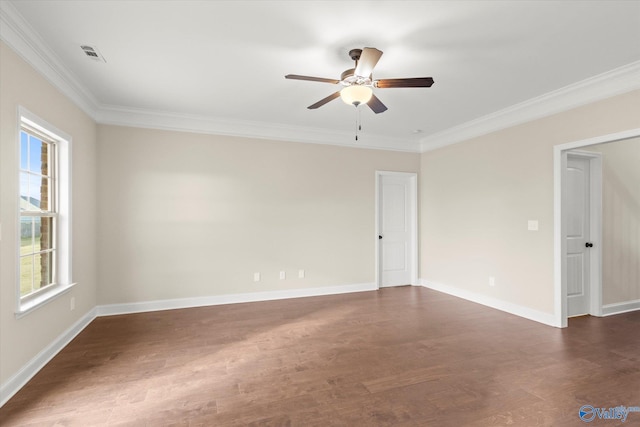 empty room featuring dark hardwood / wood-style flooring, ceiling fan, and crown molding