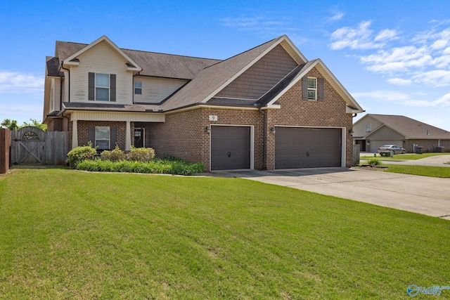craftsman inspired home featuring brick siding, driveway, a gate, a garage, and a shingled roof