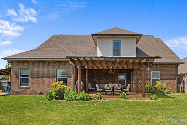 rear view of house featuring brick siding, a pergola, an outdoor living space, and a shingled roof