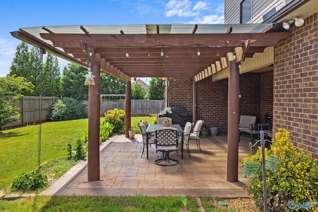view of patio featuring a pergola, outdoor dining area, and a grill