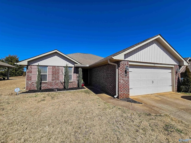 ranch-style home featuring a garage, brick siding, concrete driveway, and a front lawn