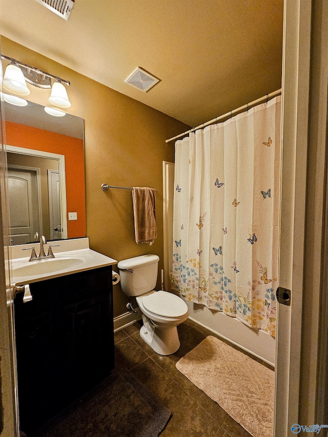 full bath with visible vents, toilet, shower / bath combo with shower curtain, tile patterned floors, and vanity