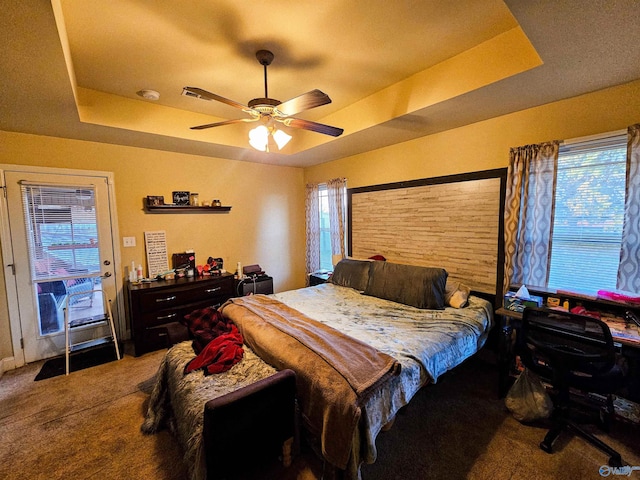 carpeted bedroom featuring a raised ceiling and a ceiling fan