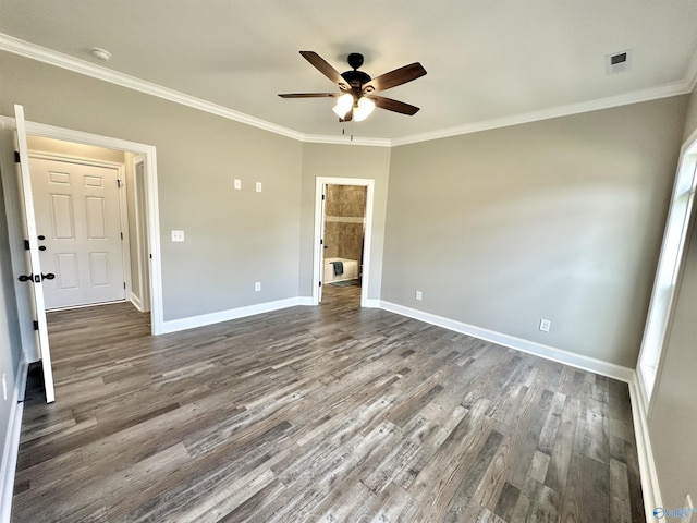 interior space featuring ceiling fan, visible vents, baseboards, ornamental molding, and dark wood finished floors