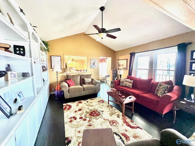 living room featuring ceiling fan, lofted ceiling, dark hardwood / wood-style flooring, and a textured ceiling