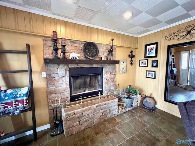 room details with ornamental molding and a stone fireplace