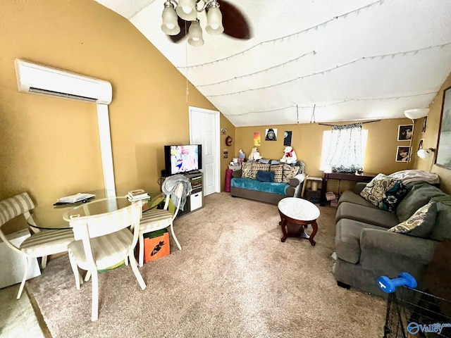 living room featuring ceiling fan, carpet floors, vaulted ceiling, and a wall unit AC