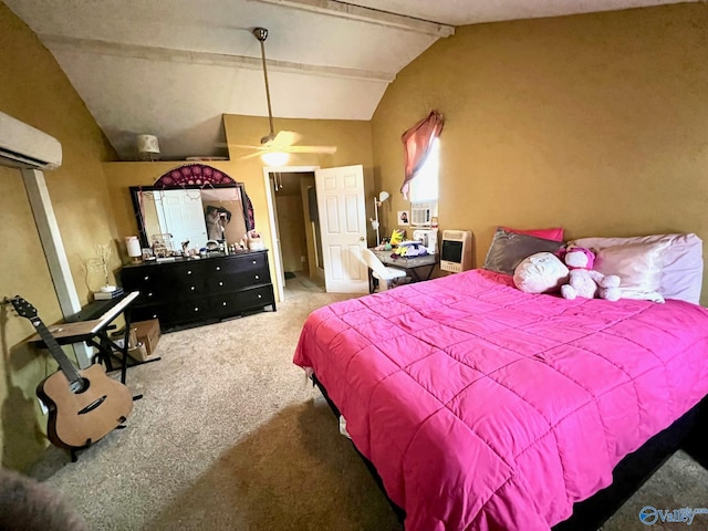 bedroom with lofted ceiling with beams, ceiling fan, carpet floors, and a wall unit AC