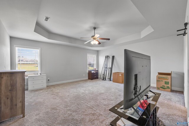 interior space with light colored carpet, a raised ceiling, and a wealth of natural light