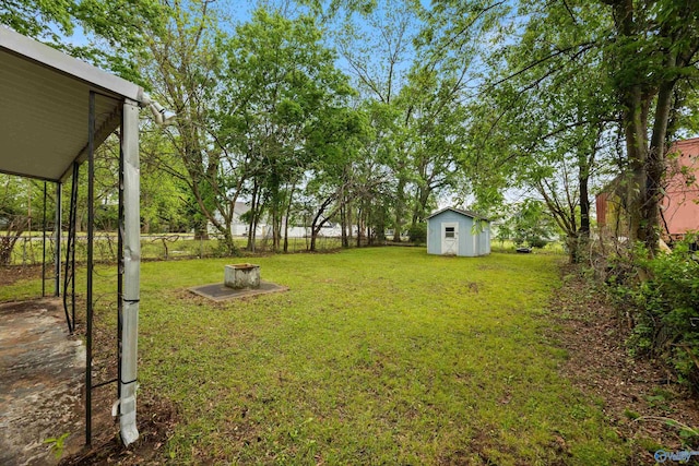 view of yard with a storage shed, an outbuilding, and a fenced backyard